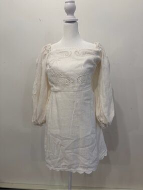 Farm Rio White Embroidered Puff-Sleeve Linen Dress